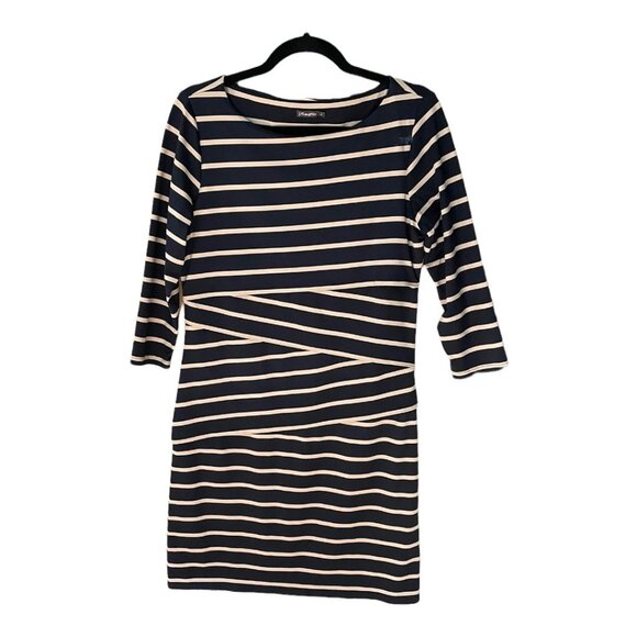 J. McLaughlin Size M Black Tan Nicola 3/4 Sleeves Striped Layered Dress - Picture 7 of 11